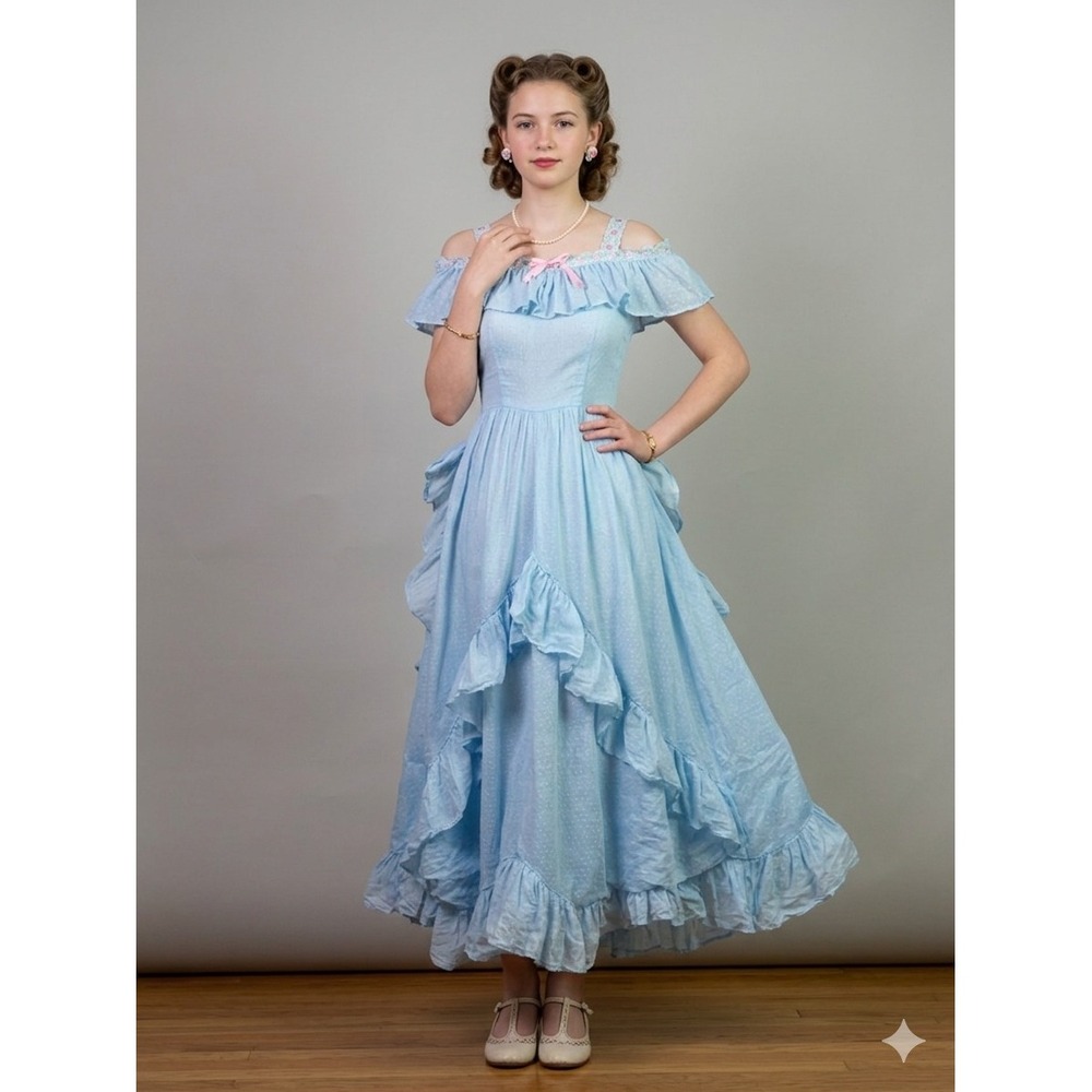 Vintage 1930s 40s Blue Swiss Dot Cotton Dress Ruffle Gown Judy Garland Style XXS